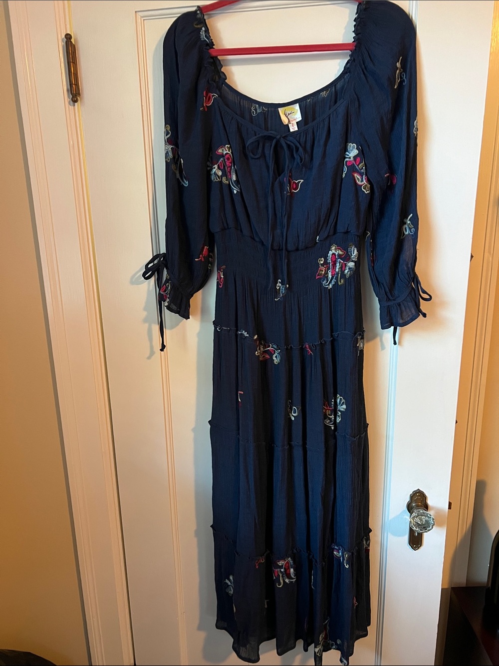 fig and flower Navy Maxi Dress with Multicolor Floral Embroidery